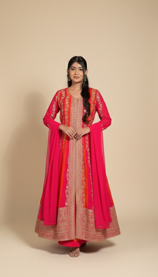 Rani Pink & Orange Embroidered Anarkali Kurta Set with Dupatta – Festive & Wedding Wear