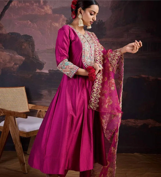 Magenta Silk Anarkali Suit with Gota Patti Embroidery & Floral Organza Dupatta