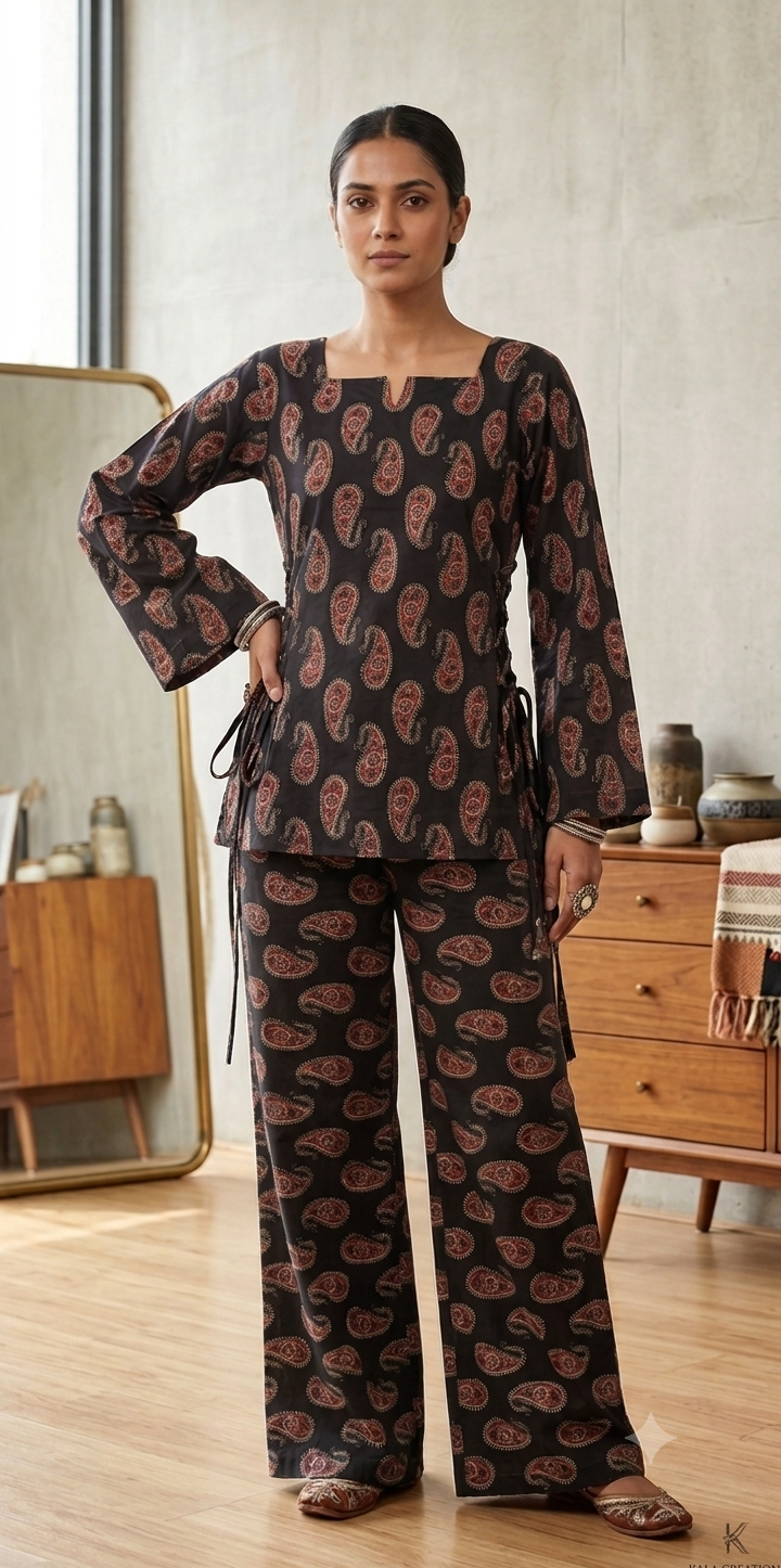 Women's Black Paisley Printed Co-Ord Set | Full Sleeve Side Tie Top & Wide Leg Pants