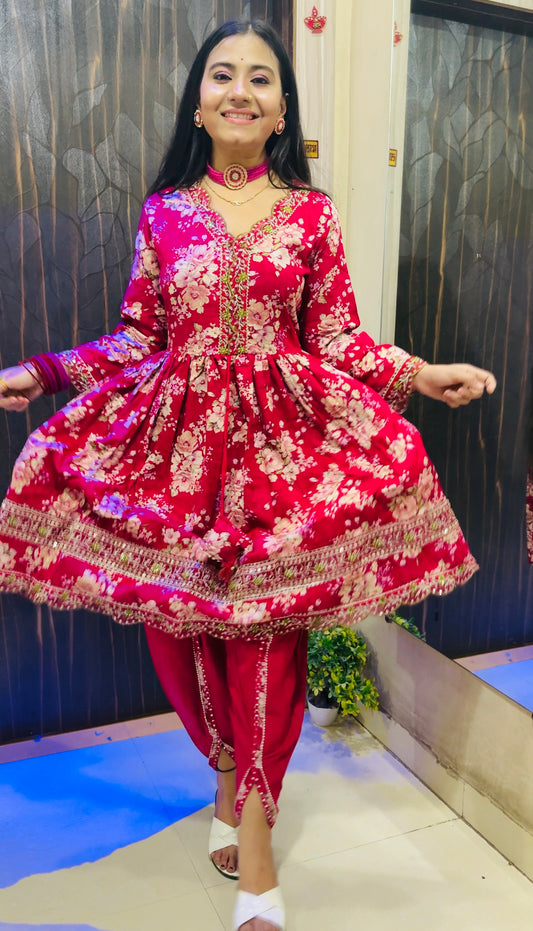 Floral Printed Cotton Short Kurti with Dhoti