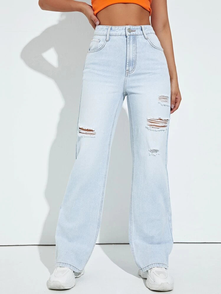 Light Blue Distressed Wide-Leg Jeans