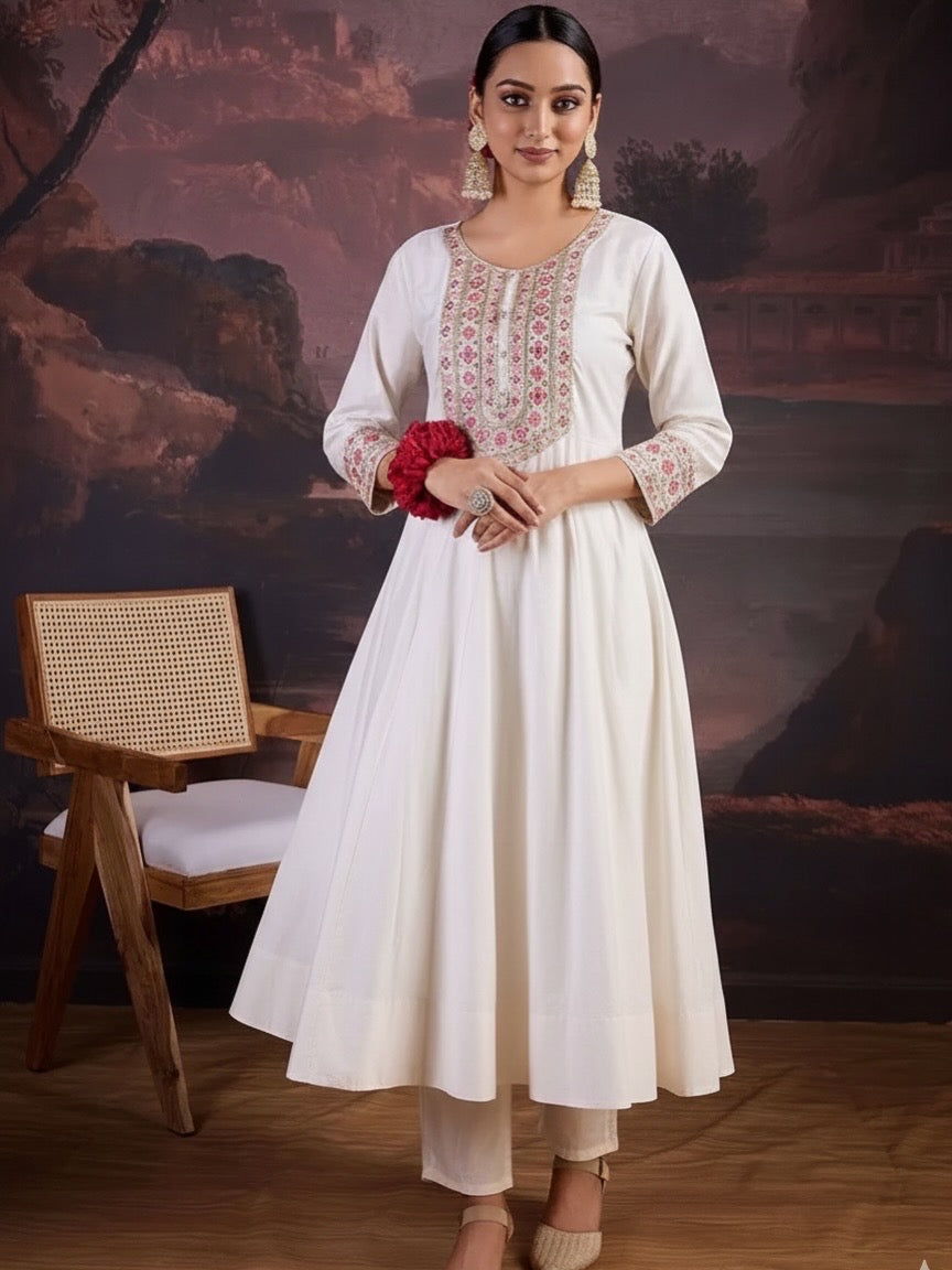 Elegant Off-White Embroidered Anarkali Kurta  for Women | Festive & Ethnic Wear