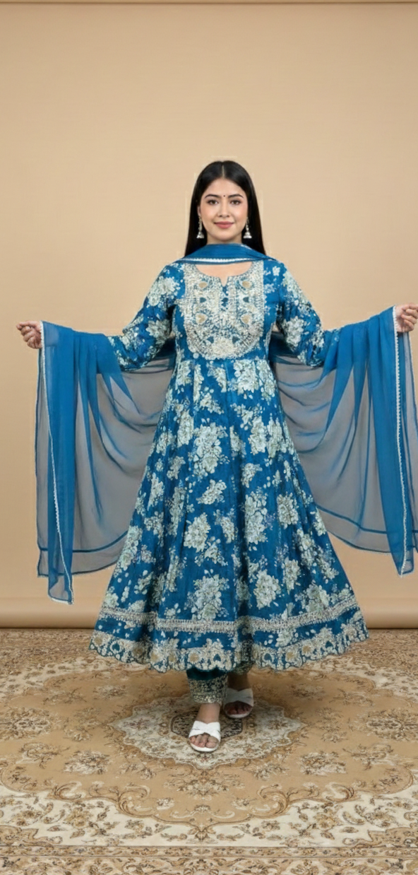 Teal Blue Floral Embroidered Anarkali Suit Set with Dupatta