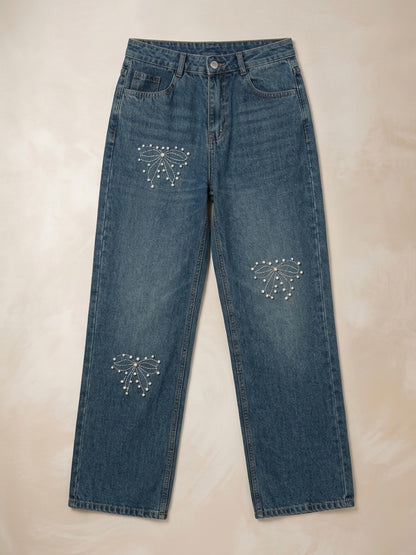 High-Waisted Straight Wide-Leg Denim with Pearl & Stitch Bow Accents
