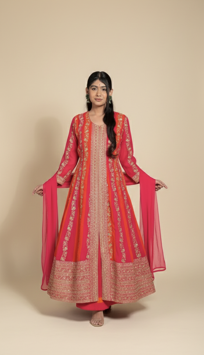 Rani Pink & Orange Embroidered Anarkali Kurta Set with Dupatta – Festive & Wedding Wear