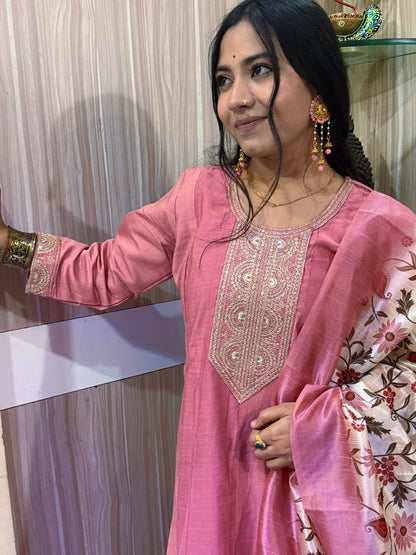 Blush Rose Silk Kurta Set with Embroidered Neckline & Floral Dupatta