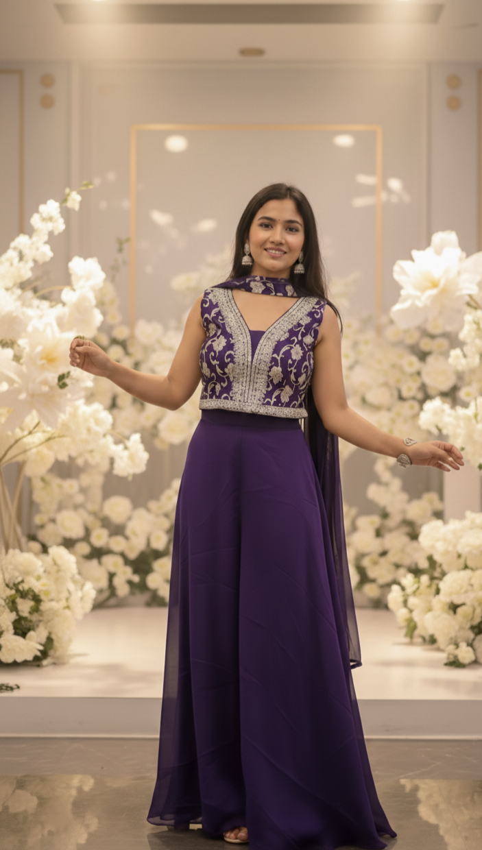 Royal Purple Embroidered Sharara Set with Sleeveless Blouse & Dupatta | Festive & Wedding Wear for Women