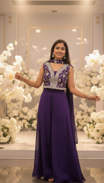 Royal Purple Embroidered Sharara Set with Sleeveless Blouse & Dupatta | Festive & Wedding Wear for Women