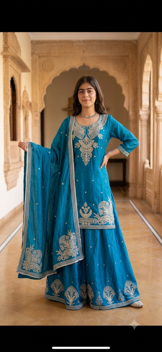 Royal Teal Embroidered Kurta Sharara Set with Dupatta | Festive & Wedding Ethnic Wear for Women