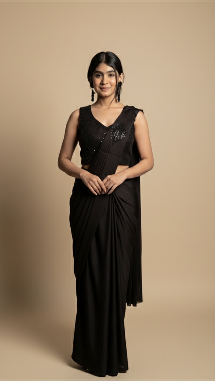 Black Pre-Draped Saree with Sequin Blouse & Jacket Shows – Contemporary Party Wear Saree