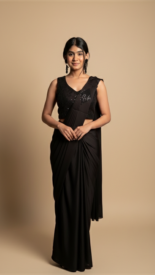 Black Pre-Draped Saree with Sequin Blouse & Jacket Shows – Contemporary Party Wear Saree