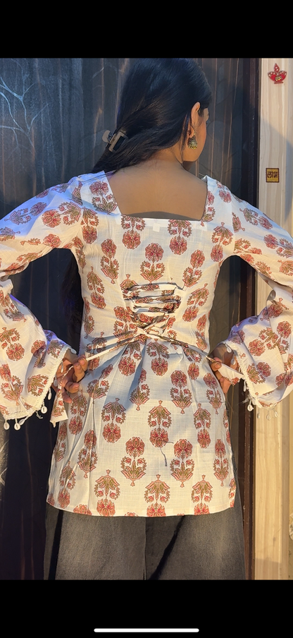 Vintage Floral Lace-Up Cotton Short Kurti with Bell Sleeves