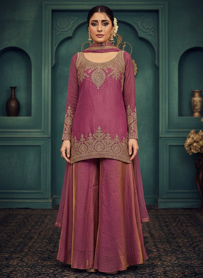 Mauve Silk Embroidered Sharara Suit with Zari Work & Matching Dupatta