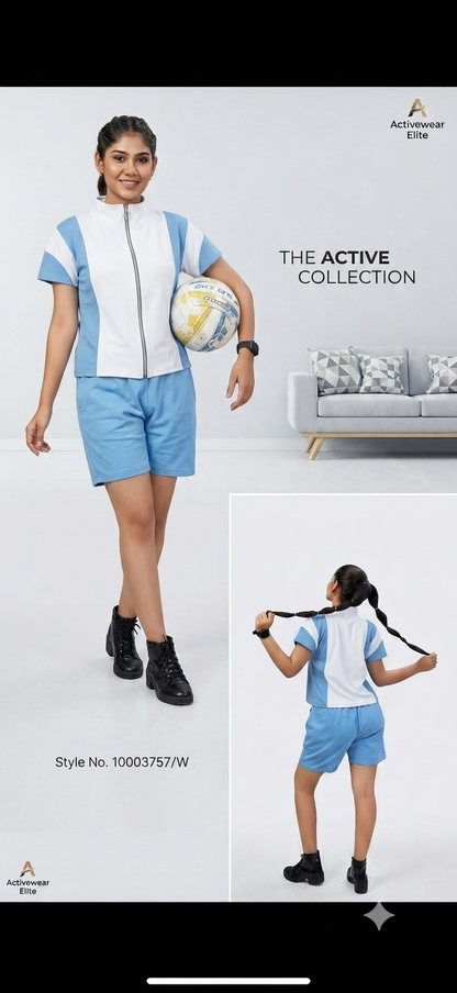 Women's Activewear Elite Color Block Zip-Up Sports Co-Ord Set – Navy Blue & Sky Blue Shorts Set
