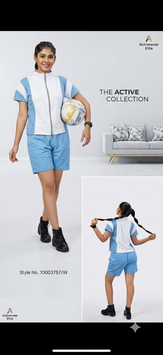 Women's Activewear Elite Color Block Zip-Up Sports Co-Ord Set – Navy Blue & Sky Blue Shorts Set
