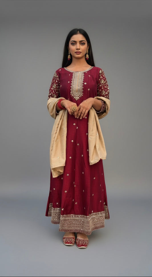 Ethnic Embroidered Anarkali Kurta Set with Dupatta