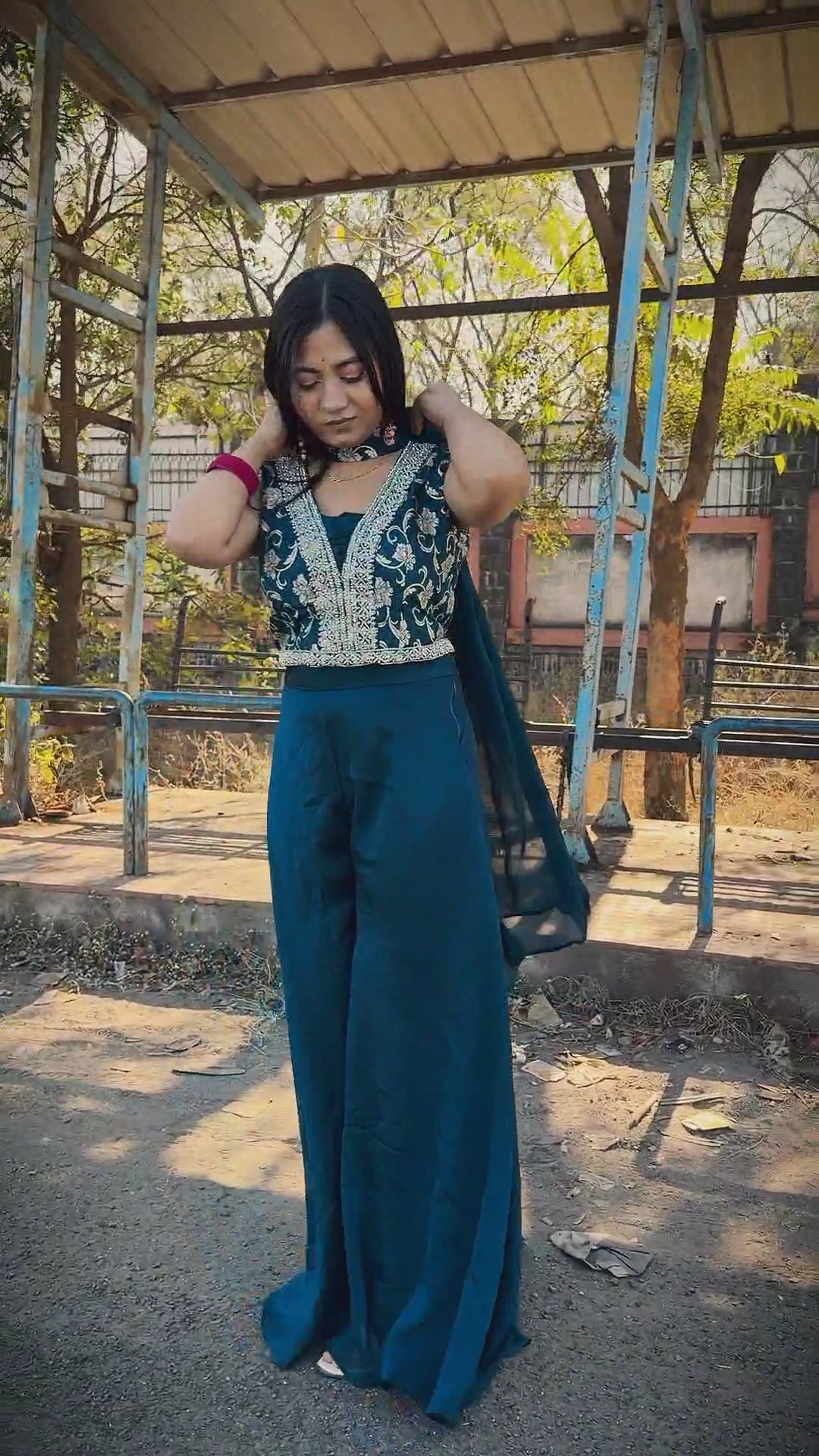 Elegant Peacock Blue Embroidered Palazzo Suit Set with Dupatta