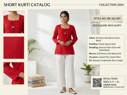 Women's Solid Red Cotton Blend Straight Fit Top with Tassel Tie Neck | Casual & Ethnic Wear