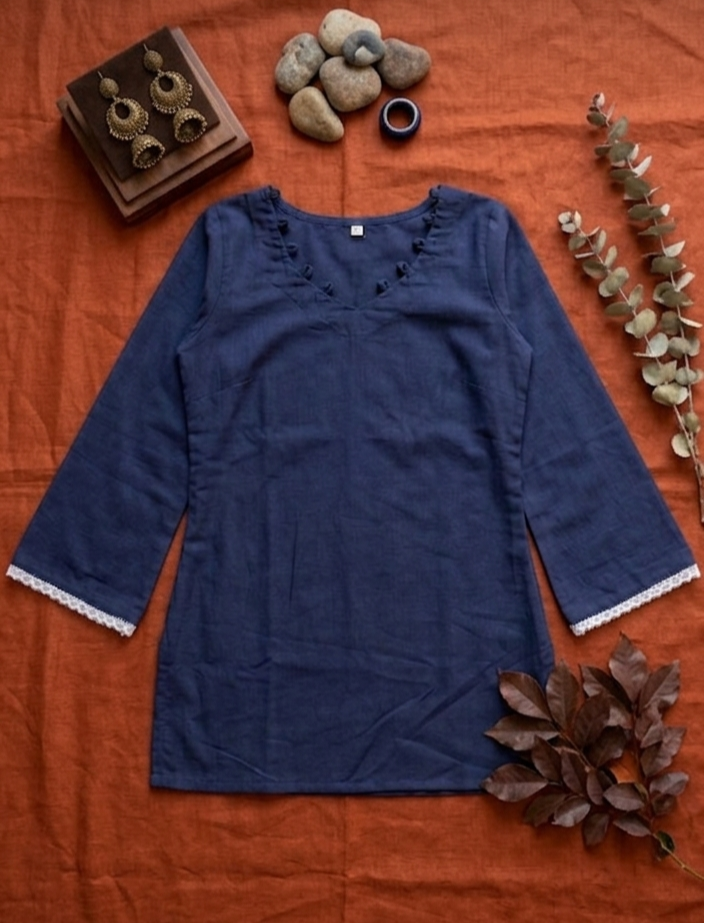 Navy Blue Solid Cotton Short Kurti with Pleated Front & Lace Sleeves