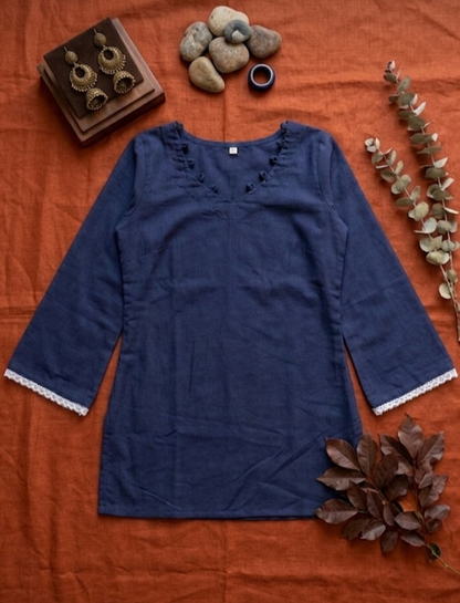 Navy Blue Solid Cotton Short Kurti with Pleated Front & Lace Sleeves