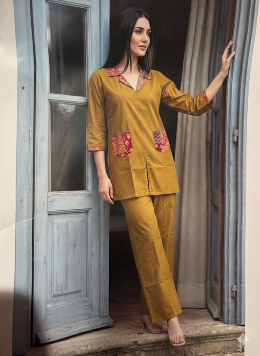 Indian Elegant  Ethnic Co-Ord Set with Printed Collar & Pocket Detail