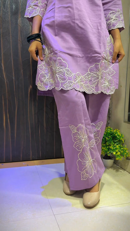 Lavender Floral Embroidered Cord Sets