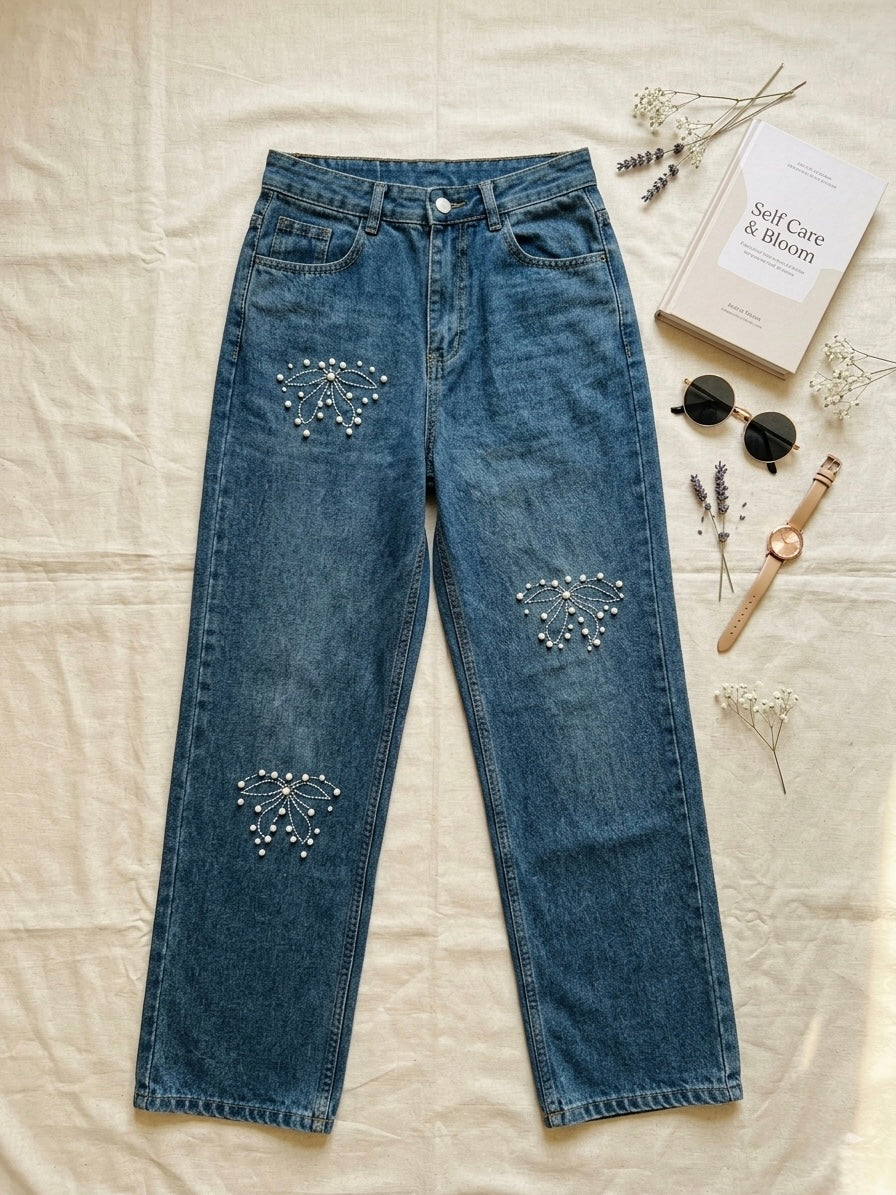 High-Waisted Straight Wide-Leg Denim with Pearl & Stitch Bow Accents