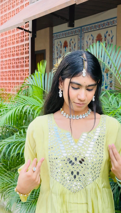 Lime Mirror Work Anarkali Suit Set | Festive Ethnic Wear for Women