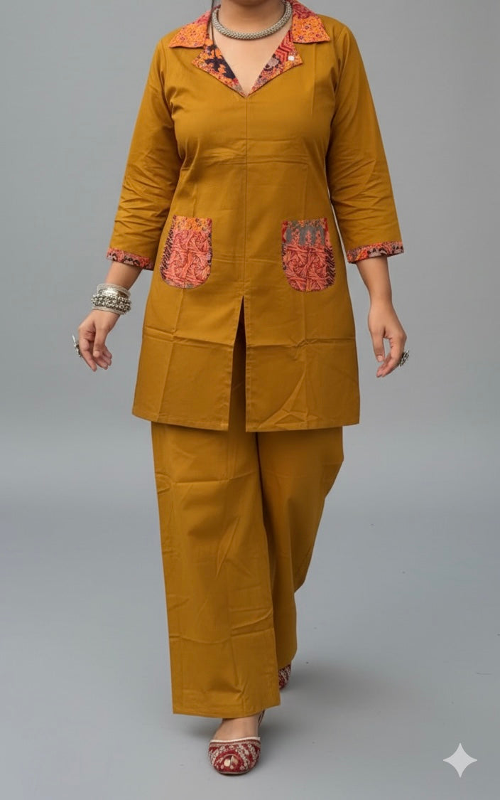 Indian Elegant  Ethnic Co-Ord Set with Printed Collar & Pocket Detail