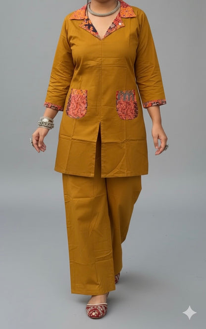 Indian Elegant  Ethnic Co-Ord Set with Printed Collar & Pocket Detail