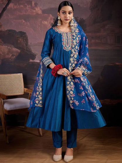 Royal Teal Silk Anarkali Suit with Floral Organza Embroidered Dupatta