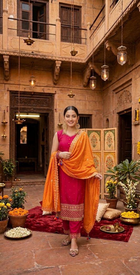 Gulbahaar Fuchsia Embroidered Kurta Set with Orange Dupatta