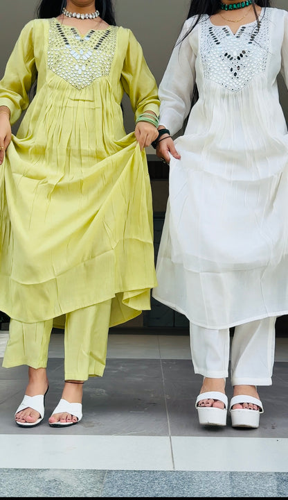 🤍 White Serenity Mirror-Work Anarkali Suit