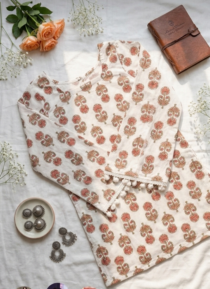 Vintage Floral Lace-Up Cotton Short Kurti with Bell Sleeves