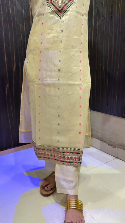 Elegant Cream Ethnic Suit with Multicolor Embroidery & Dupatta