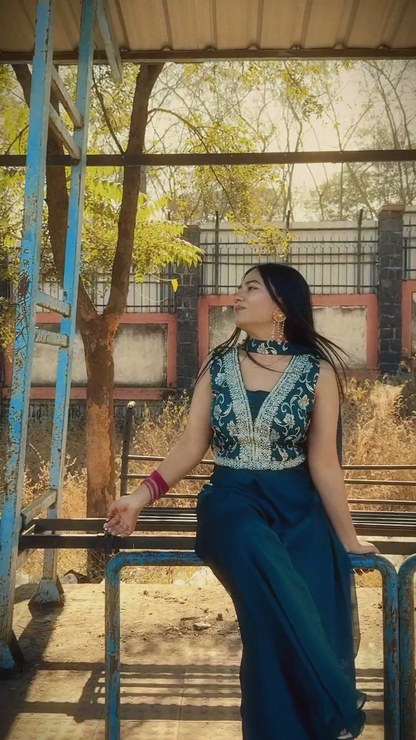 Elegant Peacock Blue Embroidered Palazzo Suit Set with Dupatta