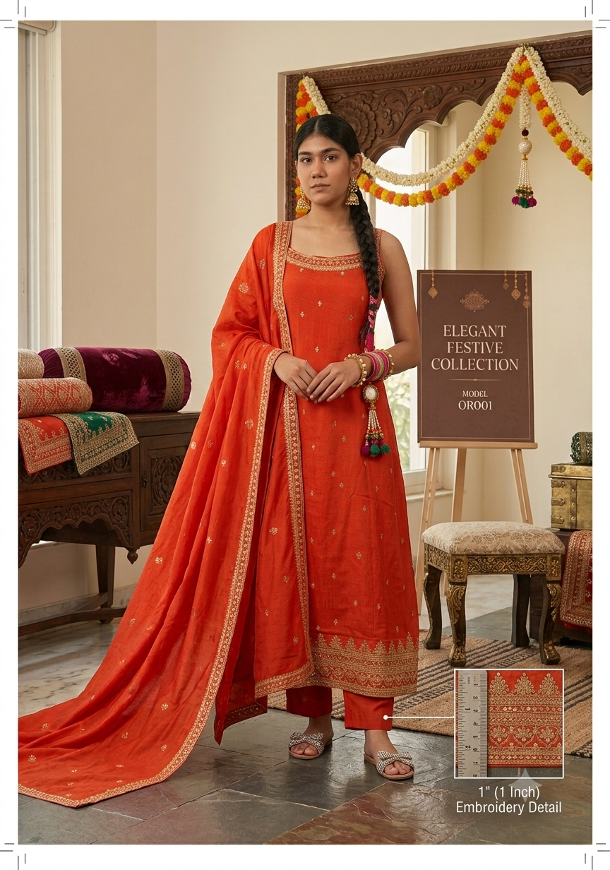 Women's Orange Embroidered Kurta Pant Dupatta Set | Festive Ethnic Suit Set with Embroidered Border