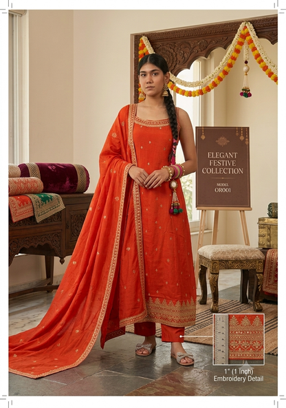 Women's Orange Embroidered Kurta Pant Dupatta Set | Festive Ethnic Suit Set with Embroidered Border