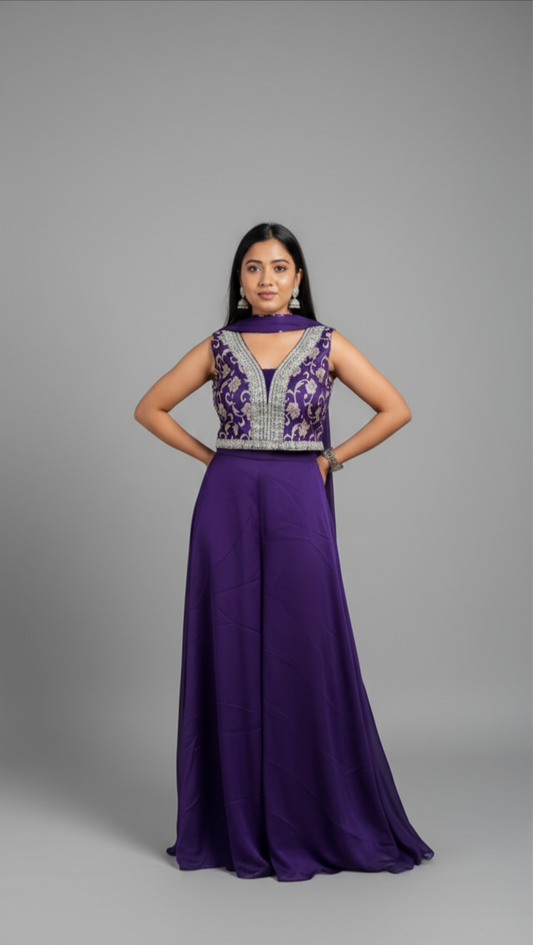 Royal Purple Embroidered Sharara Set with Sleeveless Blouse & Dupatta | Festive & Wedding Wear for Women