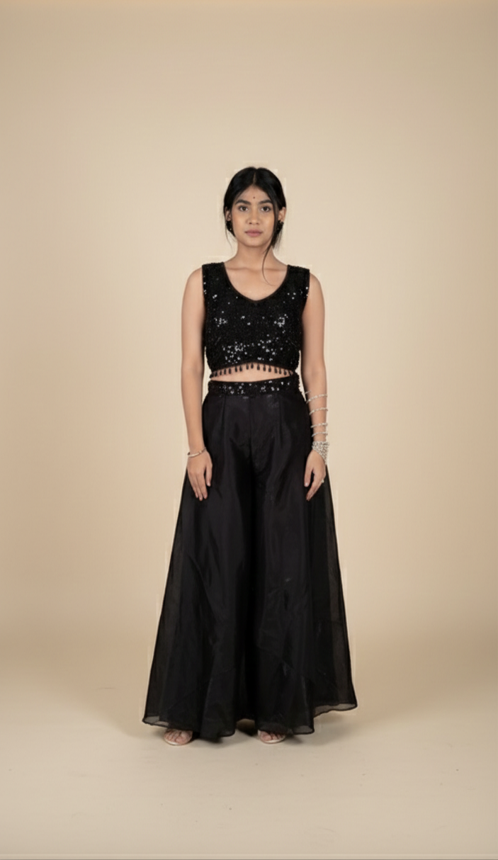 Black Sequin Layered Crop Top with Tie-Up Waist – Elegant Evening & Festive Wear
