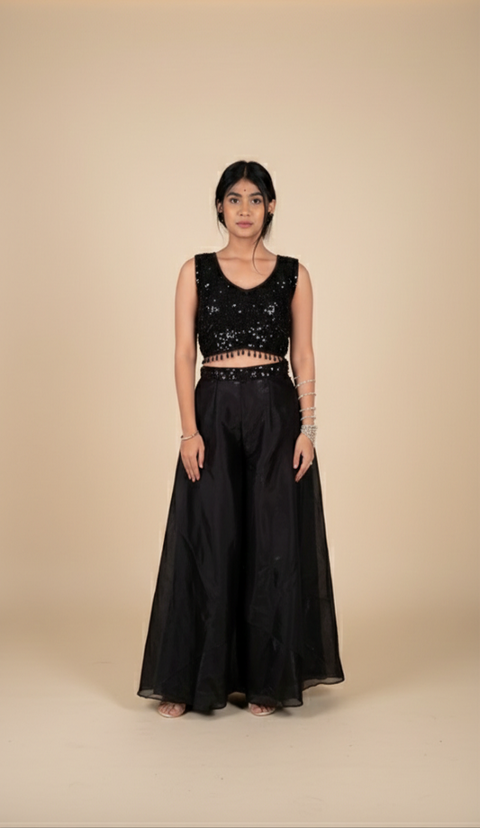 Black Sequin Layered Crop Top with Tie-Up Waist – Elegant Evening & Festive Wear