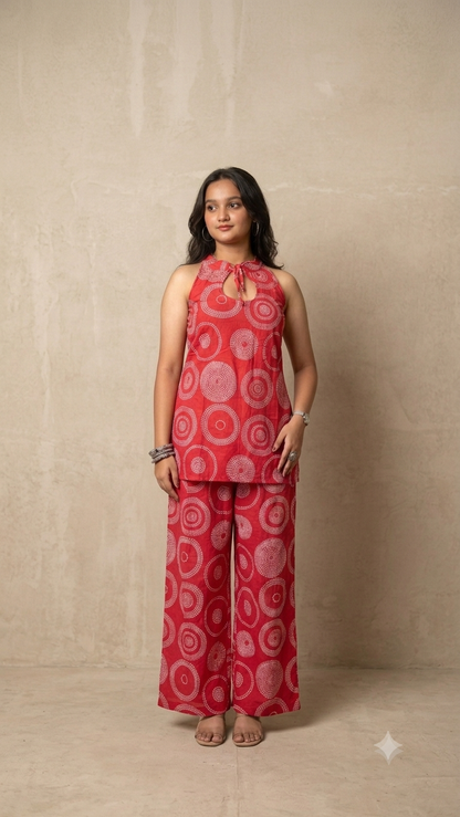 Women's Red Printed Co-Ord Set | Sleeveless Halter Neck Top & Wide Leg Pants | Summer Casual Wear