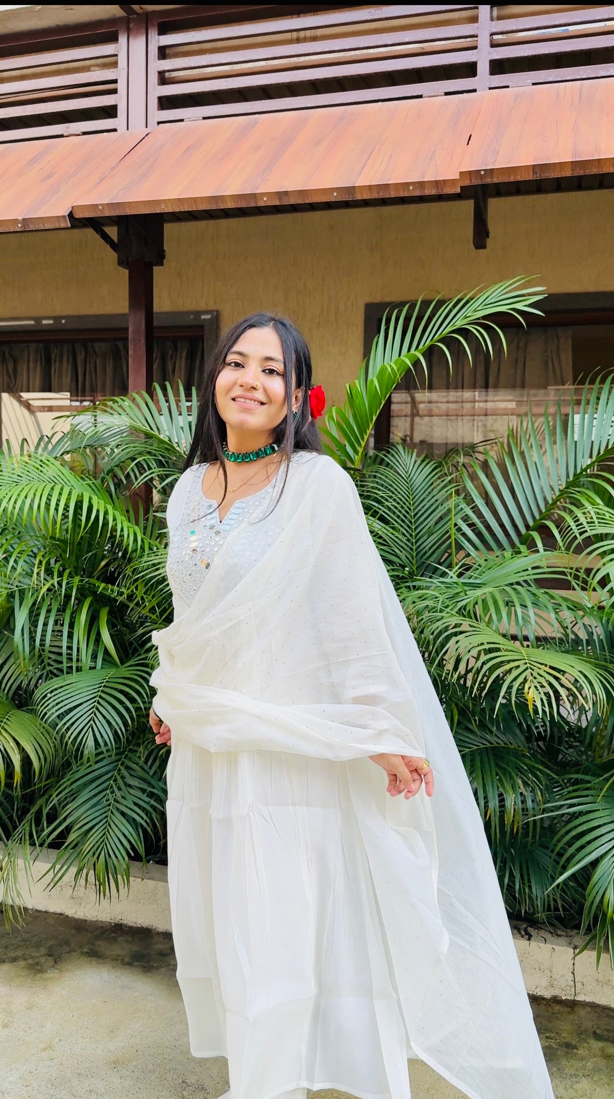 🤍 White Serenity Mirror-Work Anarkali Suit