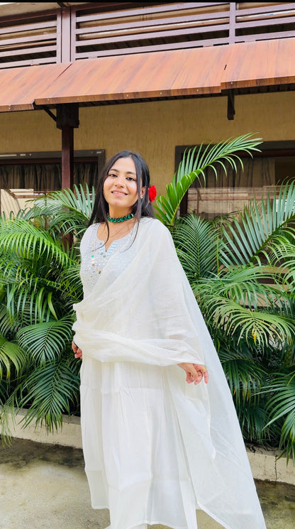 🤍 White Serenity Mirror-Work Anarkali Suit