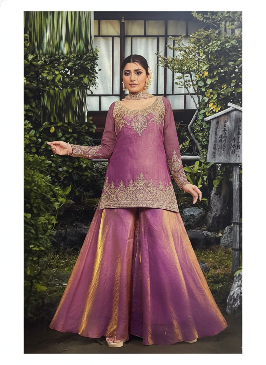 Mauve Silk Embroidered Sharara Suit with Zari Work & Matching Dupatta