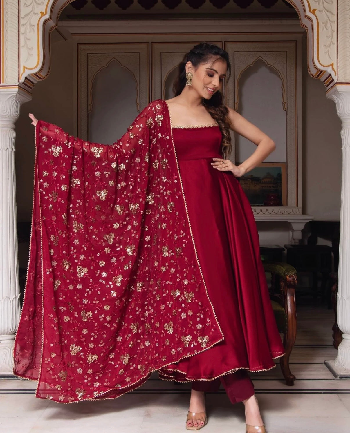 Wine Red Anarkali Kurta Set with Embroidered Dupatta – Elegant Festive & Wedding Wear