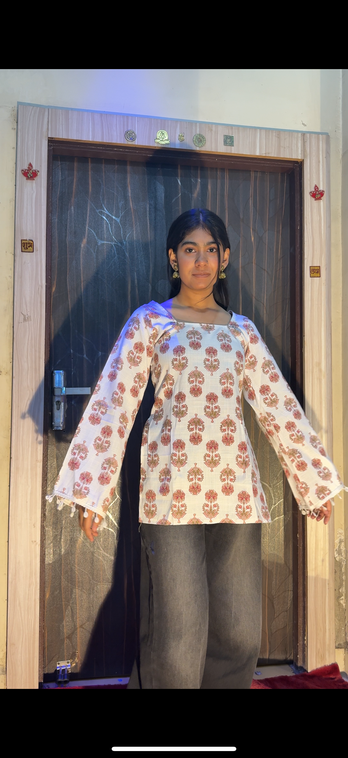 Vintage Floral Lace-Up Cotton Short Kurti with Bell Sleeves