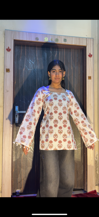 Vintage Floral Lace-Up Cotton Short Kurti with Bell Sleeves