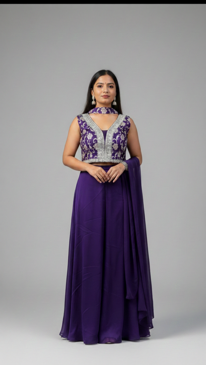 Royal Purple Embroidered Sharara Set with Sleeveless Blouse & Dupatta | Festive & Wedding Wear for Women
