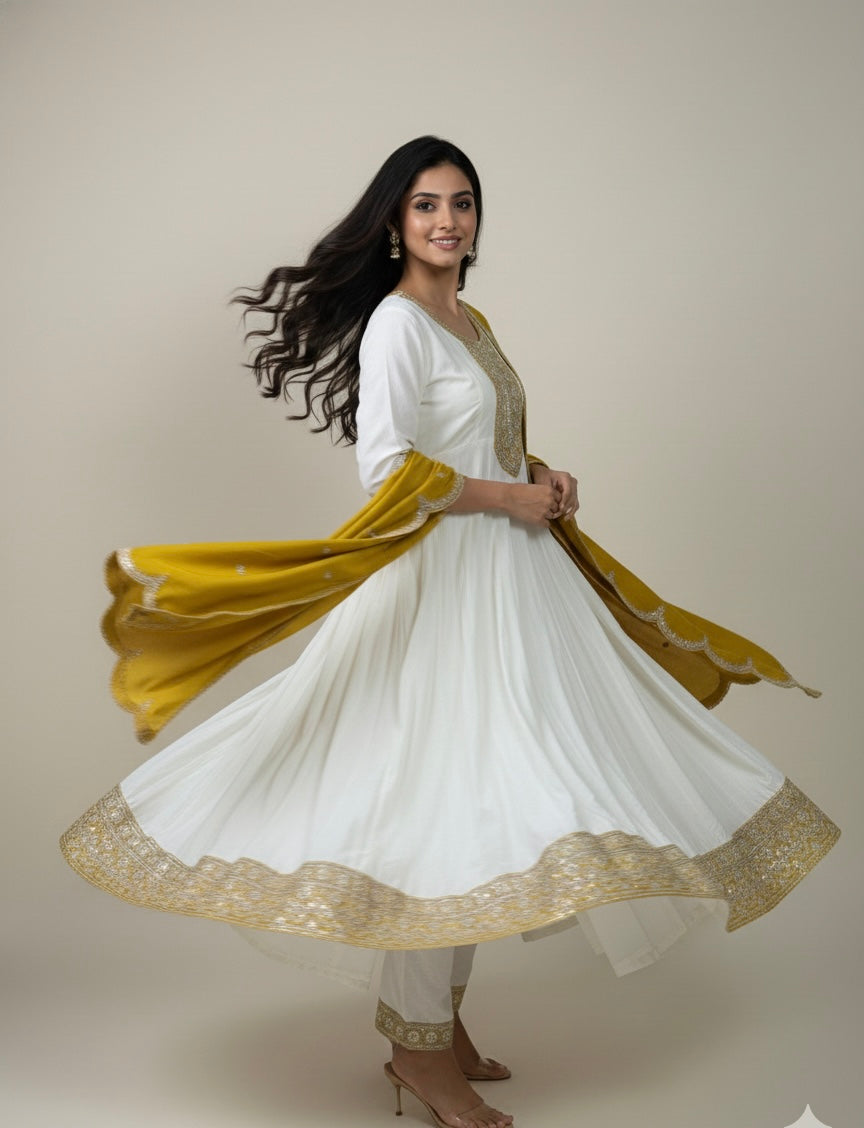 Embroidered Anarkali Suit Set with Scalloped Dupatta